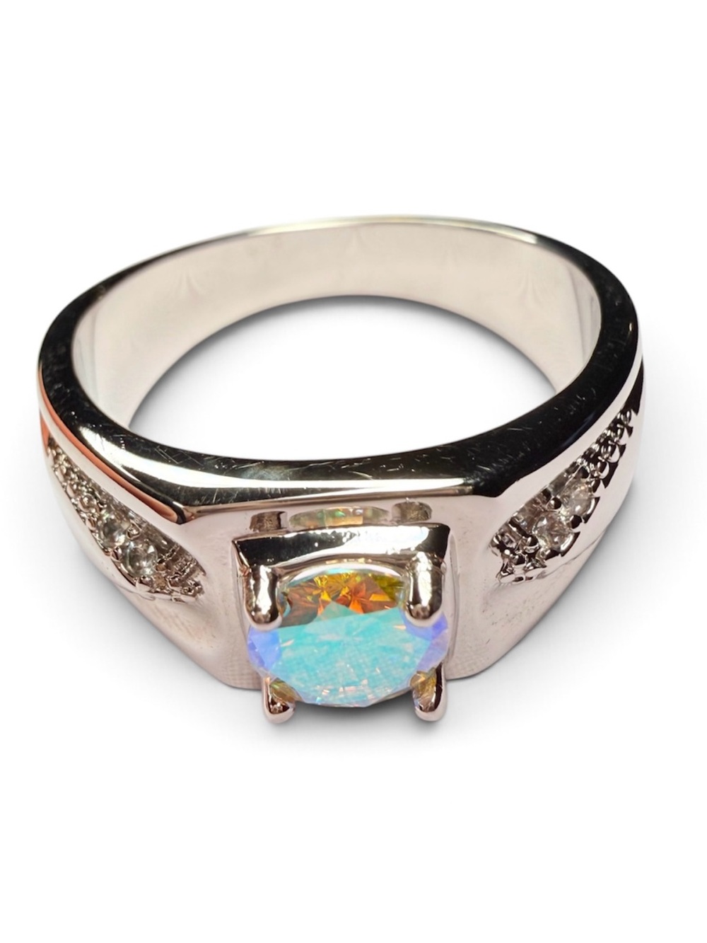 Opal Solitaire Ring with Accent Stones - White/Silver